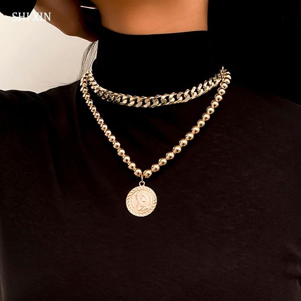 

hiphop thick cuban link chain choker necklace women layered beads with coin pendants necklaces 2021 fashion jewelry pendant, Silver