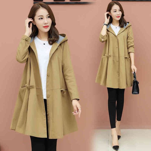 

casual dresses fashion spring autumn hooded womens windbreaker korean plus size long trench coat loose ladies outerwear 2xl3xl isd, Black;gray