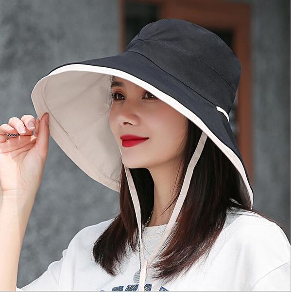 

new style fashion solid color double-sided big brim hat dmcm093a summer simple lace-up shade fisherman hat caps wide brim hats, Blue;gray