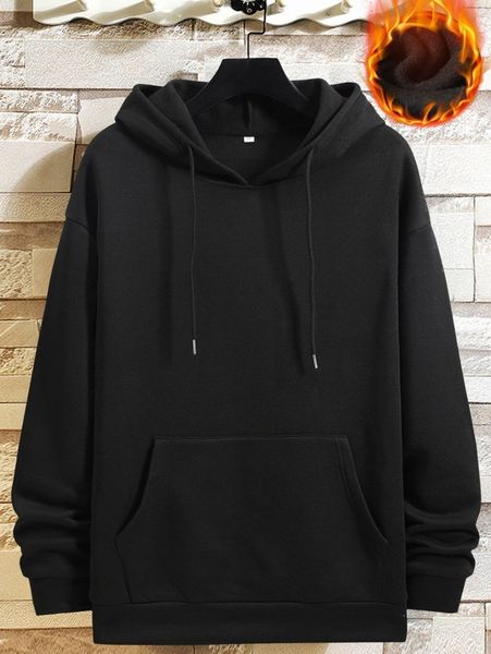 

men drop shoulder drawstring thermal lined hoodie t2nr#, Black
