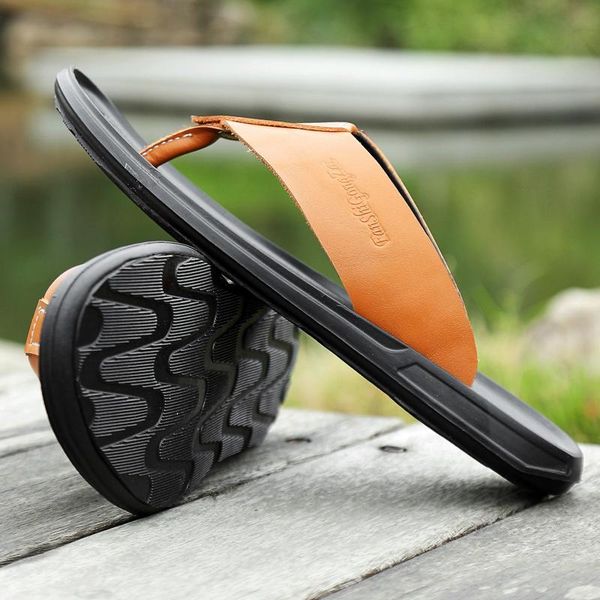 

slippers couple men outdoor massage indoor mens house casual soft men's beach shoes slipper summer sandals leather, Black