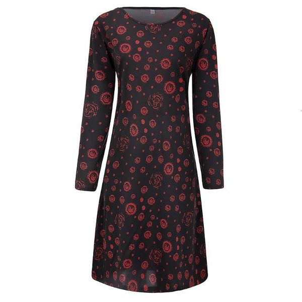 

casual dresses vintage autumn retro dress women loose long sleeve round neck knee-length cotton floral print elegant bodycon dress#p30 dw71, Black;gray