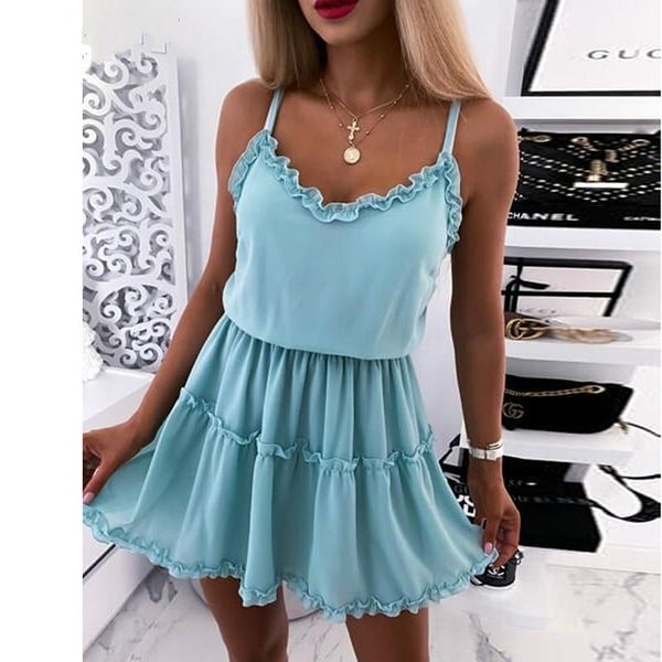 

spaghetti strap backless summer dresses women a-line solid short plus size beach ruffles mini casual, Black;gray
