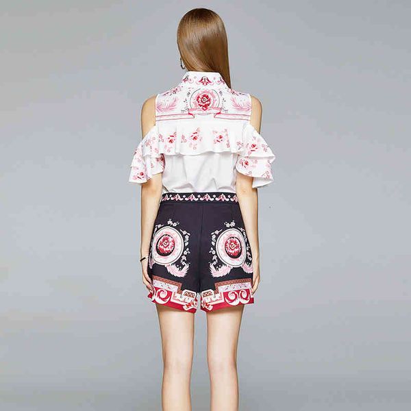 

tracksuits fashion runway summer 2 piece women off shoulder ruffles floral print shirt + high waist wide leg shorts set, Gray