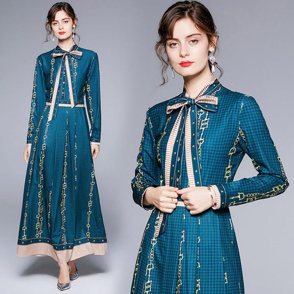 

casual dresses european and american fashion chic elegant design bow tie neck printed long sleeve spring/autumn luxury party tunic shirt dre, Black;gray