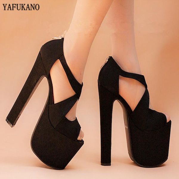 

17cm nightclub catwalk high heels 2021 summer womens sandals square heel platform peep toe party dress size 34-39, Black