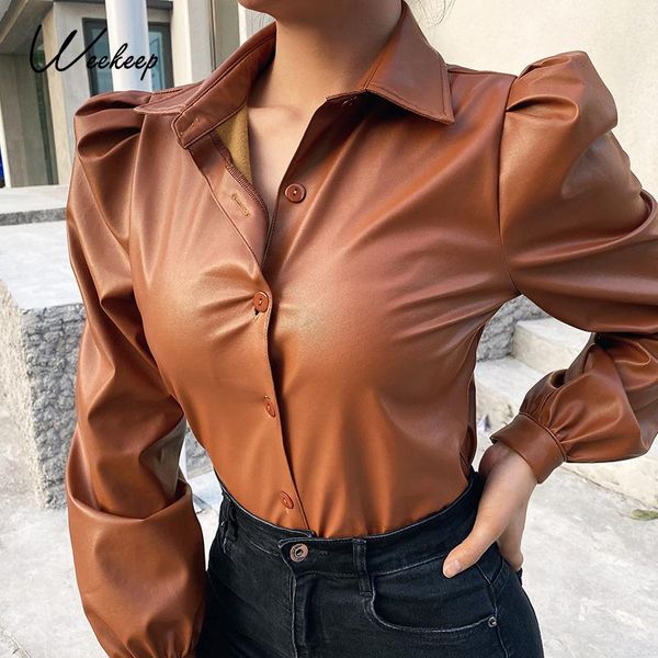 

weekeep autumn fashion faux leather blouse women long puff sleeve retro 90s streetwear shirt ladies winter turn-down women's blouses &, White