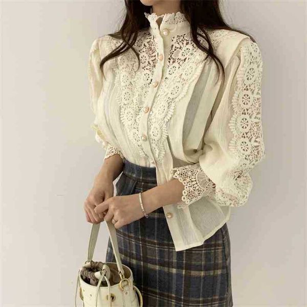 

sweet chic stand hollow out patchwork lace ol office lady soft casual warm all-match stylish blouses 2 types 210525, White