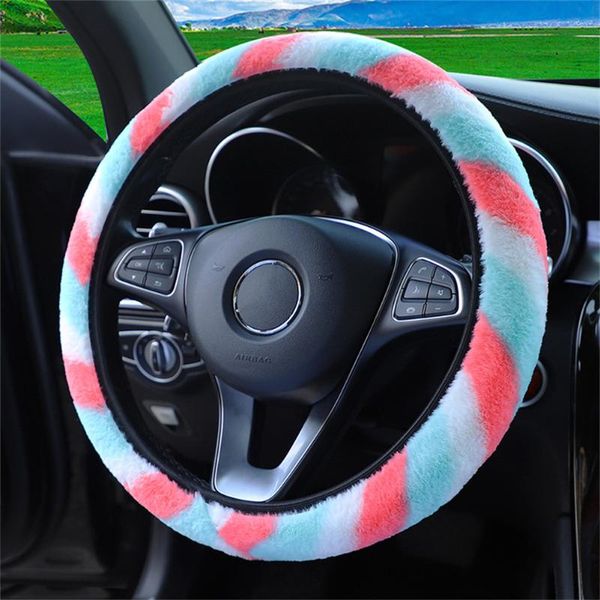 

steering wheel covers winter car cover colorful plush women without inner ring elastic band grip pu leather case
