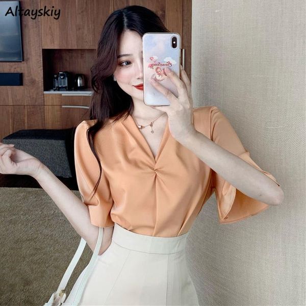

women's blouses & shirts women chiffon flare sleeve v-neck elegant all-match summer solid stylish loose leisure korean version female, White
