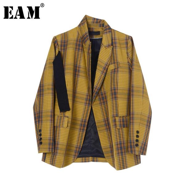 

[eam] women yellow plaid split big size blazer lapel long sleeve loose fit jacket fashion tide spring autumn 2021 1z157 women's suits &, White;black