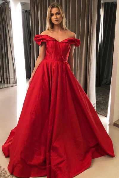 

party dresses 2021 princess off the shoulder a line prom evening satin sweep train red gowns for special occasion wear, White;black