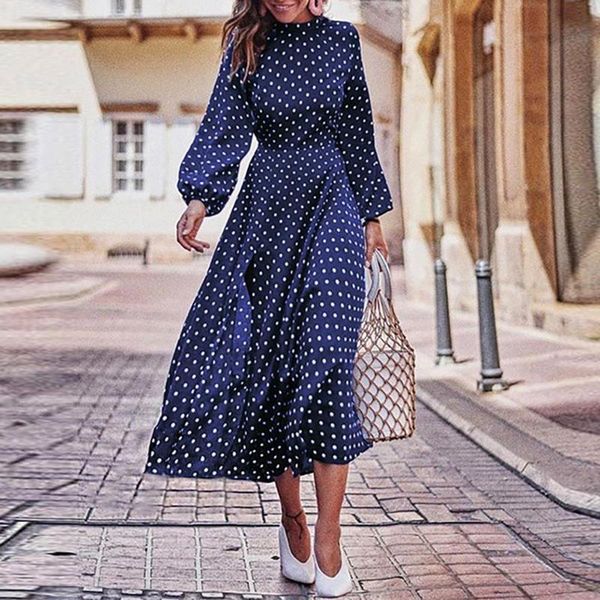 

fashion women long puff sleeve irregular large hem polka dots party midi dress casual dresses, Black;gray