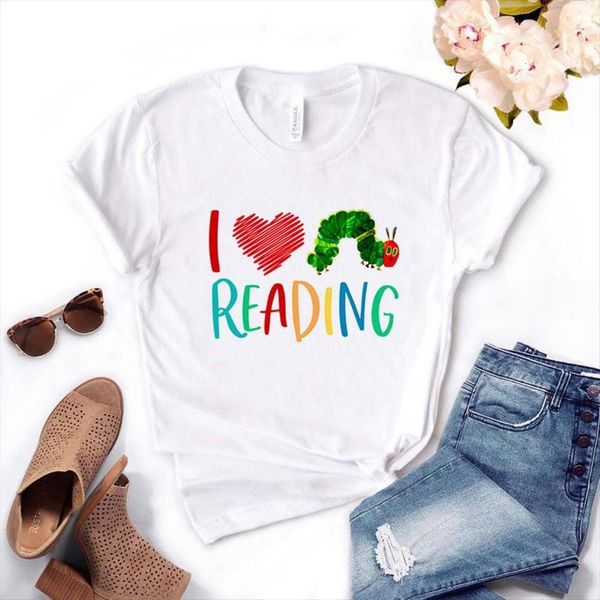 

i love reading print women short sleeve o neck loose ladies causal tee clothes, White