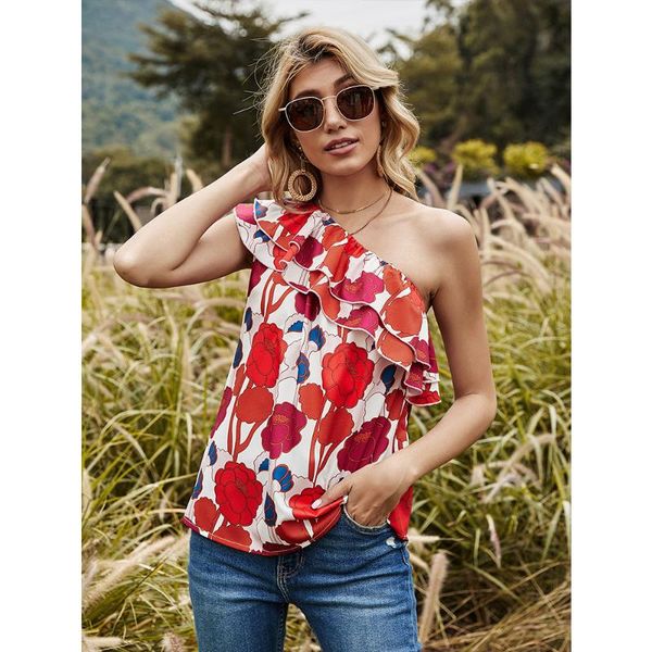 

women's blouses & shirts backless floral one shoulder for women ruffles elastic sleeveless ladies summer clothes 2021 fashion, White
