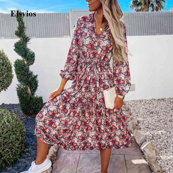 

casual dresses women elegant v-neck lace-up party spring summer long sleeve ruffle lady vintage floral printed hl1t, Black;gray