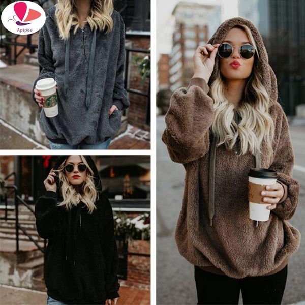 

women's fur & faux womens sherpa pullover fuzzy fleece sweatshirt oversized hoodie with pockets winter hoodies hooded loose coat warm s, Black