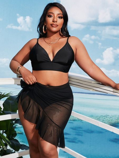 

3pack plus solid triangle bikini swimsuit & beach skirt m4sx#, Black