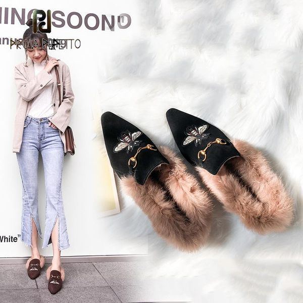 

prova perfetto early spring autumn pointed fur metal buckle muller slippers female kid suede embroidered bee loafer, Black