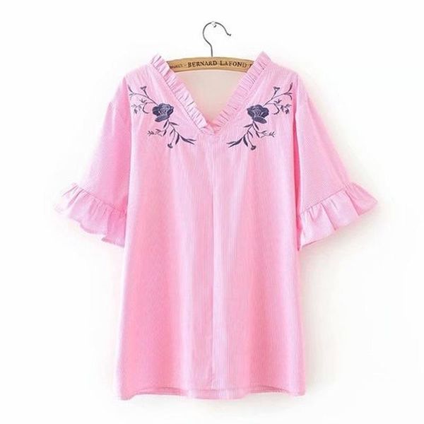 

women's blouses & shirts plus size xl-3xl v-neck floral embroidery women striped short sleeve summer blouse a-line officewear blusas, White