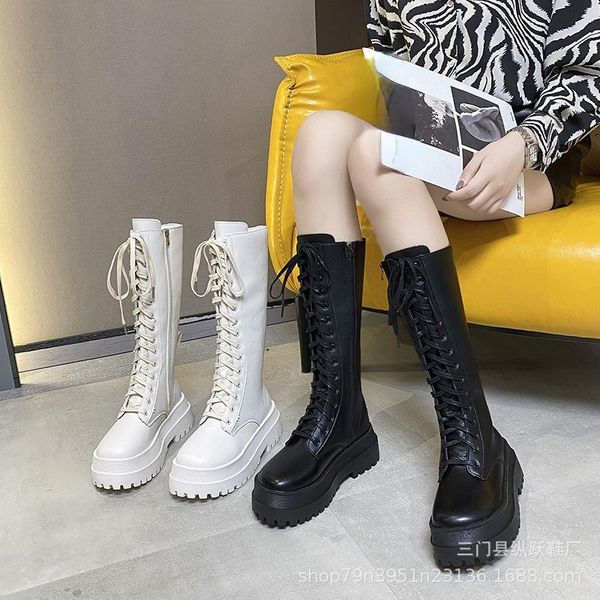

boots fashion knee-high boot woman 2021 winter round head thick-soled stretch leather women large size, Black