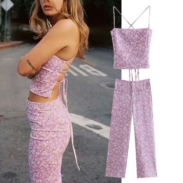 

women's pants & capris klkxmyt za 2021 women suit floral high wasit frares fashion woman trousers streetwear casual summer sets, Black;white