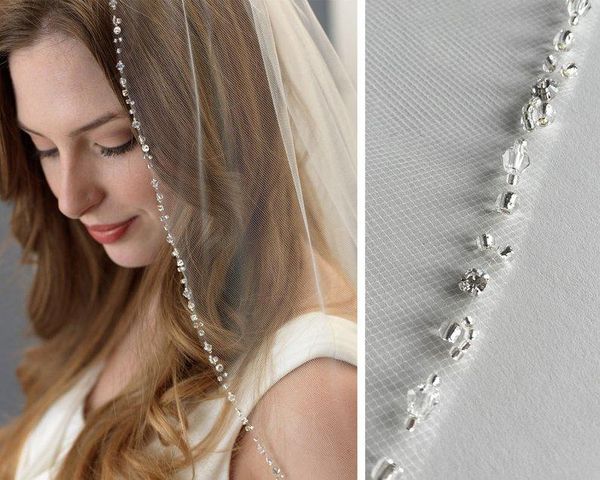 

bridal veils beaded wedding veil, rhinestone ivory elbow length headpiece, Black