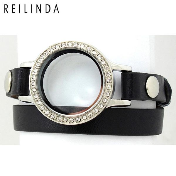 

link, chain 1pcs 30mm twist screw glass floating locket with double layer pu leather wrap wristband bracelets bangle wholesale, Black