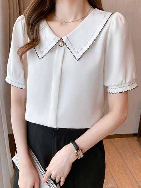 

women's blouses & shirts baby collar chiffon shirt summer design sense niche 2021 foreign style small temperament short sleeve, White