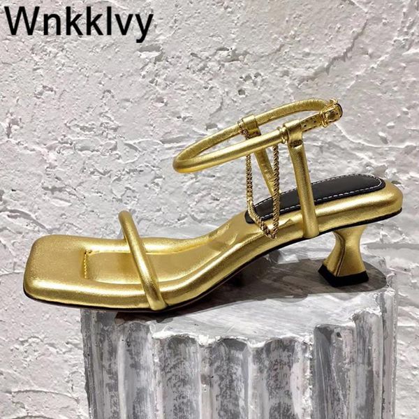 

dress shoes 2021 sandals female summer square toe kitten heel metel chain decor strappy ankle strap runway women sandalias ladies, Black