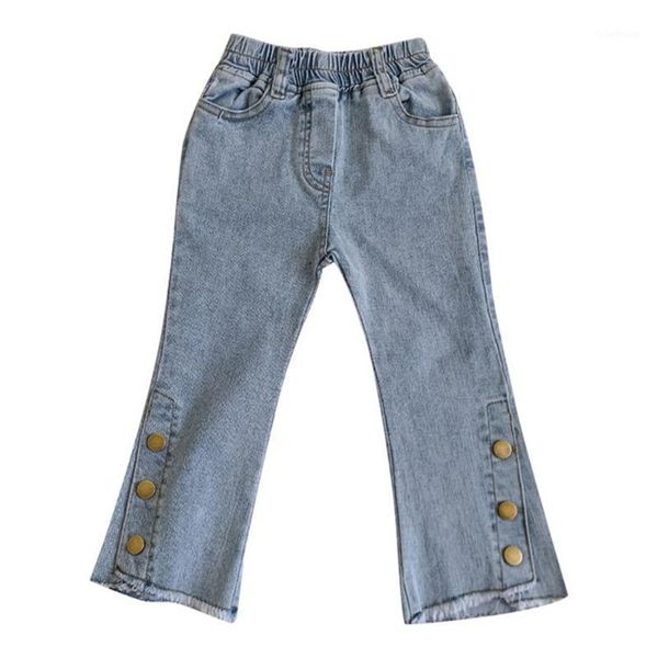 

girl's full length button decor washed blue flare jeans high elastic spring design casual trousers1
