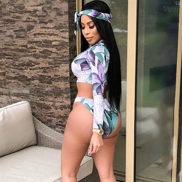

women's two-piece suit tankini print long-sleeve zipper v-neck swimsuit low waist beachwear + headscarf, White;black