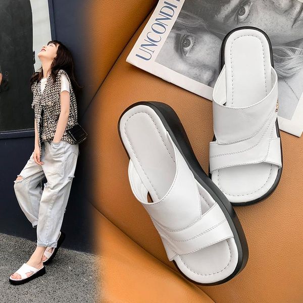 

falts platform casual shoes woman 2021 summer ladies slippers slip on women genuine leather beath size 41 42 43, Black