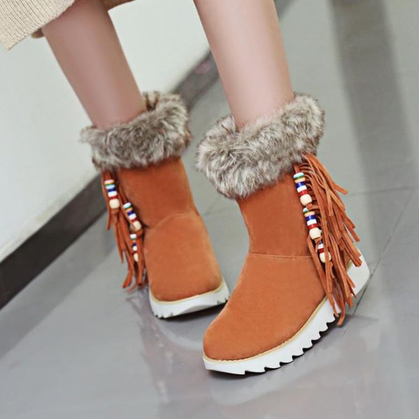 

boots oversized suede round head flat bottom waterproofing platform with fringed artificial short plush snowboots and, Black