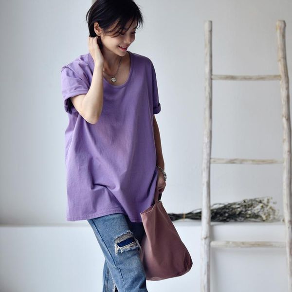 

women's t-shirt micoco t1767c simple and comfortable pure cotton personality side slit solid color inside match u neck short sleeves, White