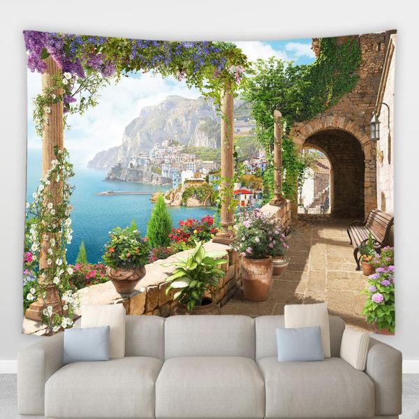 

tapestries european landscape tapestry garden courtyard terrace plant flower mandala decor wall hanging blanket living room curtains