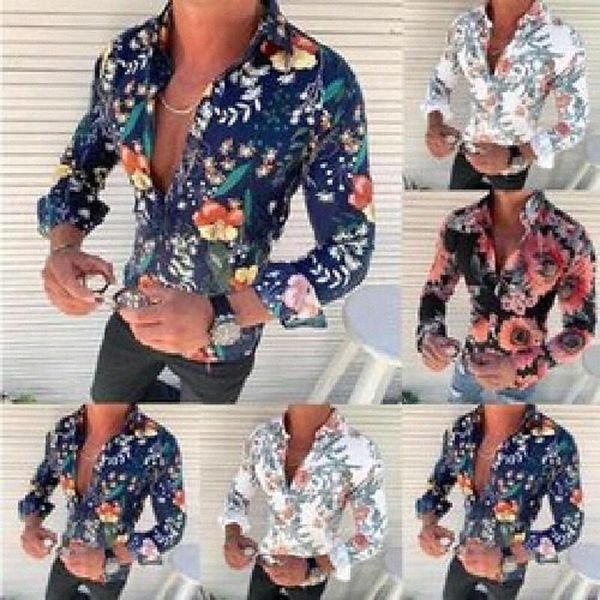 

men's casual shirts camisa masculina autumn winter causal long sleeve flower printed shirt fit slim blouse hawaiian style y3nf#, White;black