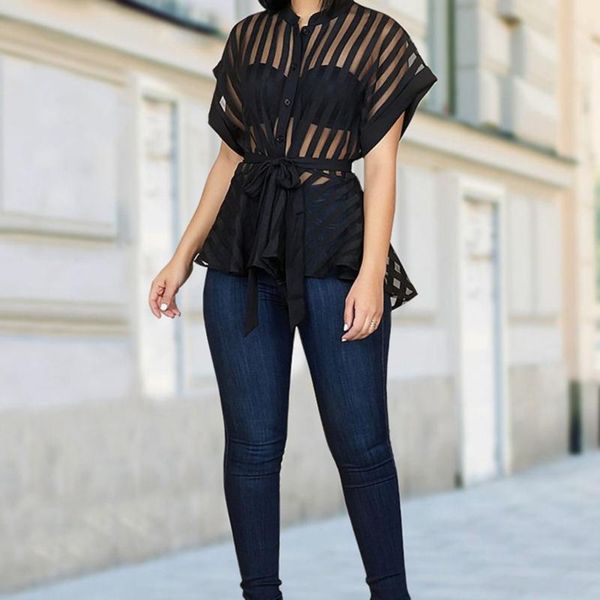 

casual blouse style striped hollow perspective lace up collar solid color fashion short sleeve daily shirt women's blouses & shirts, White