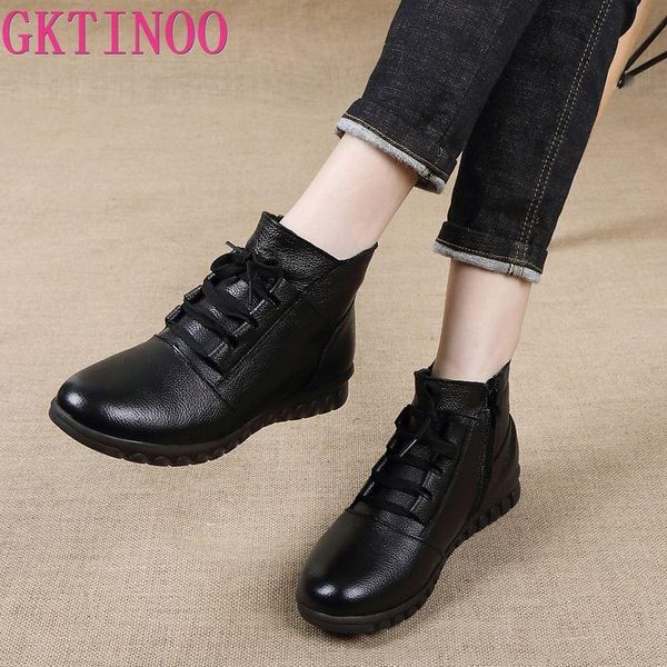 

genuine leather shoes woman winter boots 2021 women's ankle flat with zip fur botas mujer female retro, Black