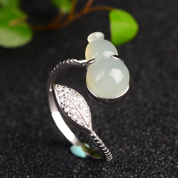 

cluster rings silver inlaid natural white chalcedony gourd advanced opening adjustable women's ring holiday anniversary gift, Golden;silver
