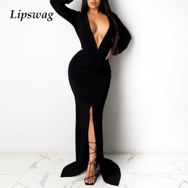 

casual dresses solid elegant women split maxi spring long sleeve nightclub bodycon party deep v neck draped vestido 3pku, Black;gray