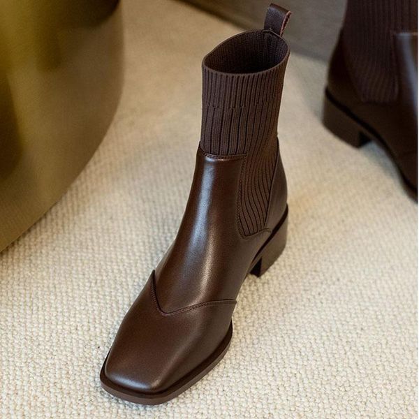 

boots 2021 fashion short square toe ankle sides slip onthick mid heels ladies woman black/brown