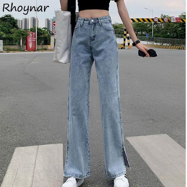 

women's jeans high waist jean women side-slit solid pockets casual femme trousers denim all-match design chic streetwear student plain, Blue