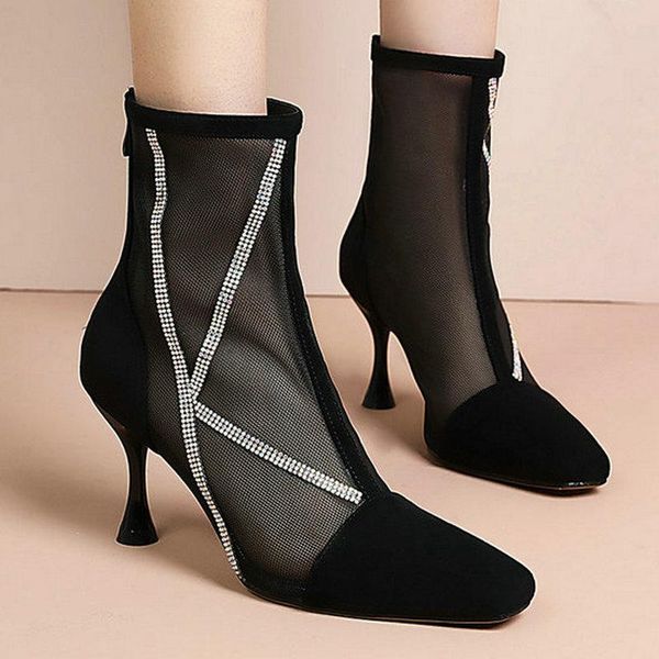 

genuine leather high heels mesh boots woman fashion sandals women summer pointed toe shoes for female size 42 43, Black