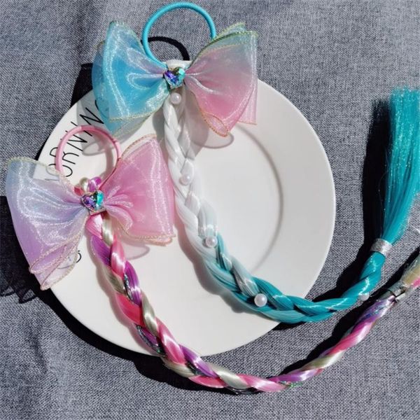 

hair accessories 10pcs/lot girls braids gradient color bow elastics bands cute fashion wig rope ring headwear, Slivery;white