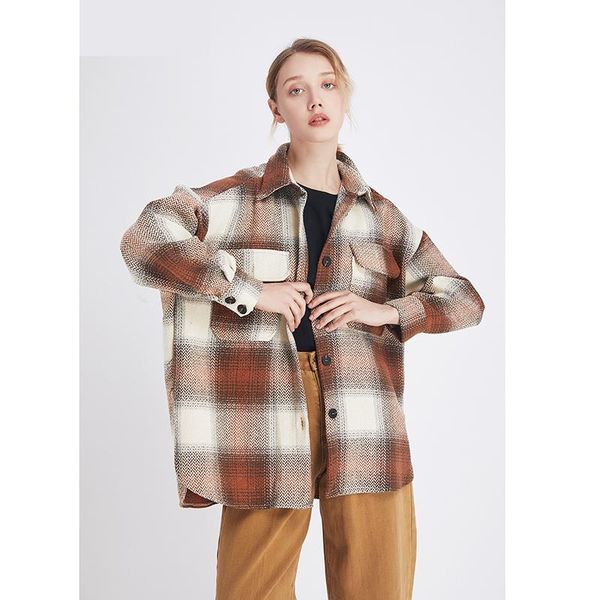 

women's wool & blends vintage stylish pockets oversized plaid jacket coat women 2021 fashion lapel collar long sleeve loose female oute, Black