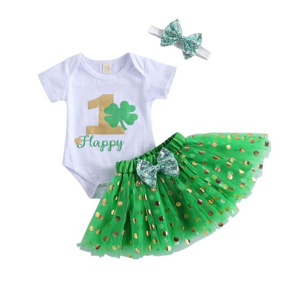 

clothing sets citgeesummer 0-24m baby girls 3pcs set letter print clover short sleeve bodysuit+dot tutu skirt+bow st. patrick's day, White