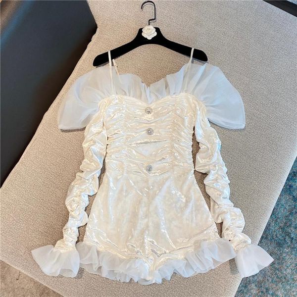 

women's jumpsuits & rompers 2021 spring sweet mesh lace one-shoulder rhinestone pearl velvet jumpsuit 0128, Black;white