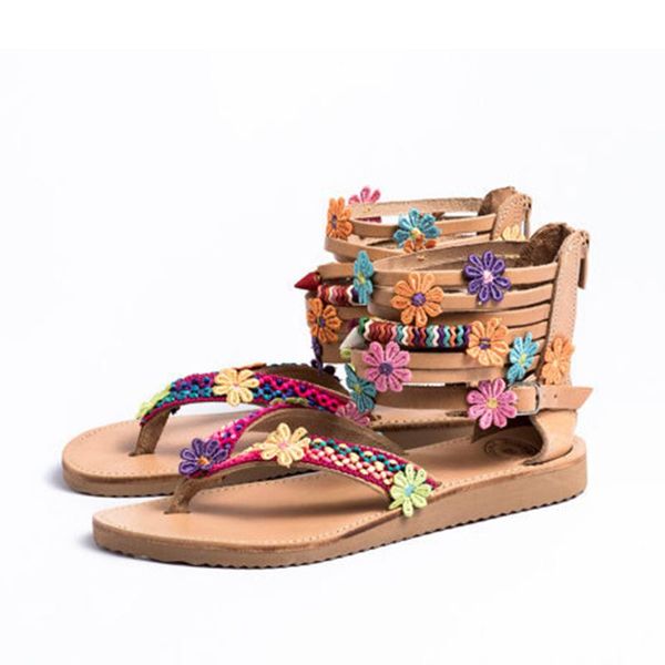 

women bohemia flat summer sandals sun flower ladies zip ethnic string bead thong shoes female plus size gladiator fashion casual, Black
