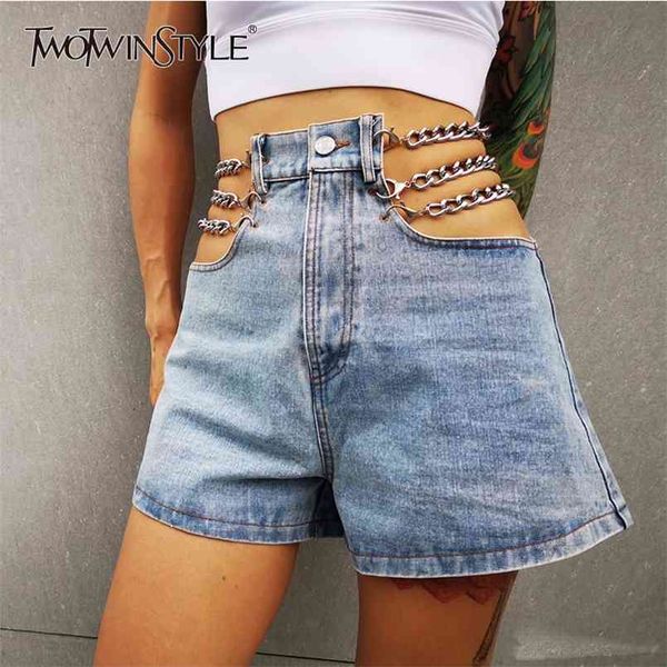 

metal chain denim shorts female hollow out high waist women fashion clothes korean summer 210521, White;black
